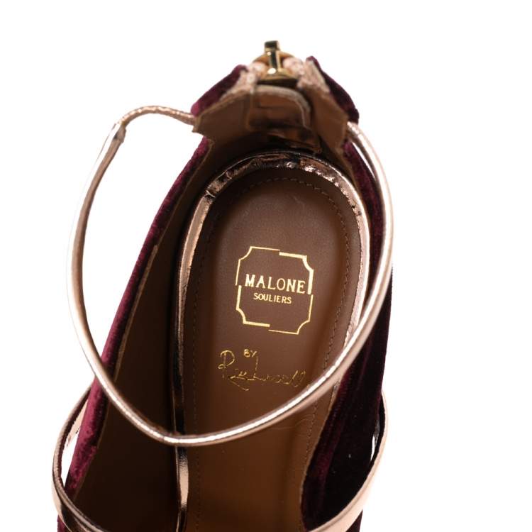 Pre Owned Malone Souliers Burgundy/Metallic Rose Gold Velvet and Leather Mika Sandals Size 38