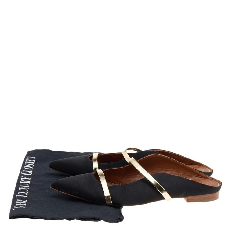 مملوكة مسبقًا Malone Souliers Black/Gold Satin And Leather Maureen Flat Sandals Size 39.5