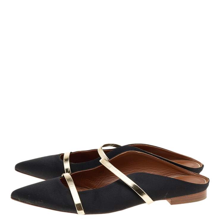 مملوكة مسبقًا Malone Souliers Black/Gold Satin And Leather Maureen Flat Sandals Size 39.5