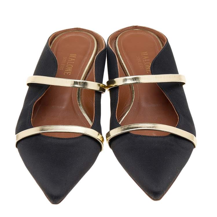 مملوكة مسبقًا Malone Souliers Black/Gold Satin And Leather Maureen Flat Sandals Size 39.5