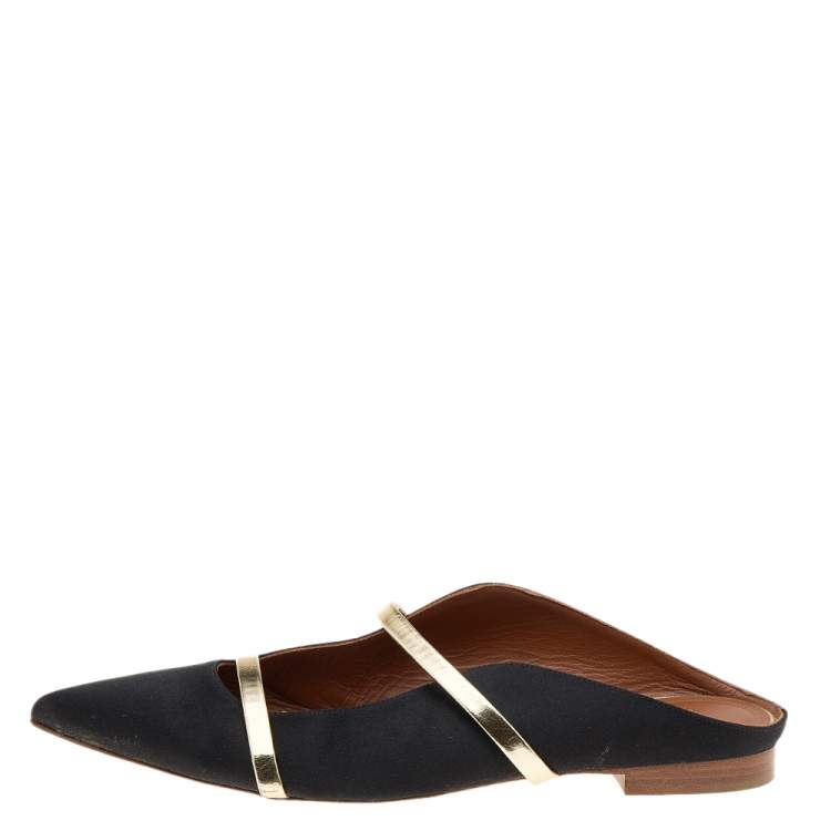 مملوكة مسبقًا Malone Souliers Black/Gold Satin And Leather Maureen Flat Sandals Size 39.5