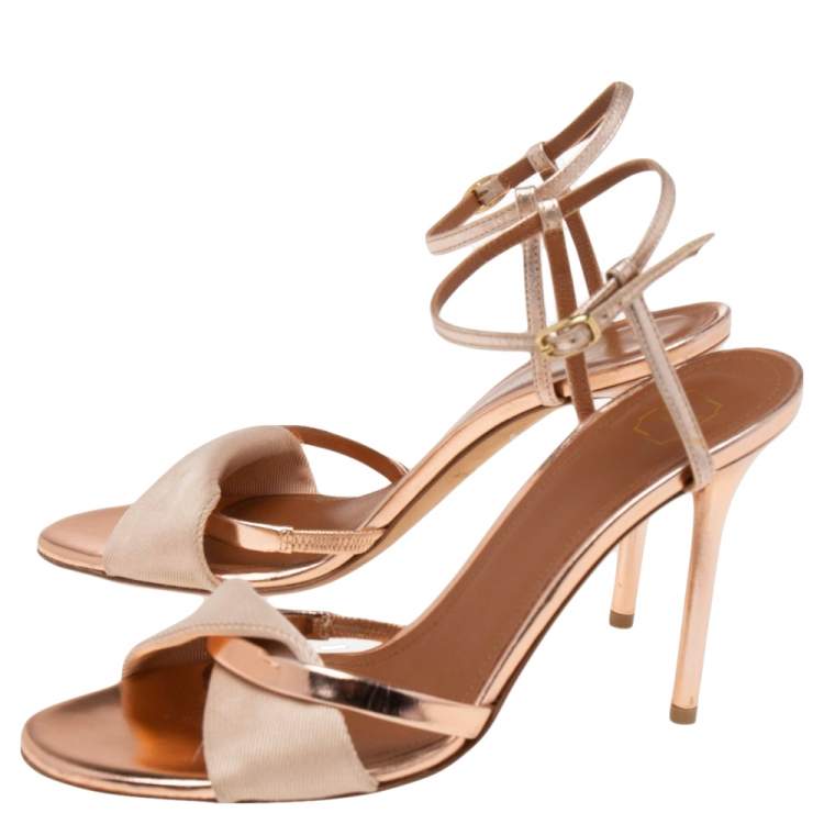 Pre Owned Malone Souliers Rose Gold Leather And Canvas Ankle Strap Sandals Size 36.5