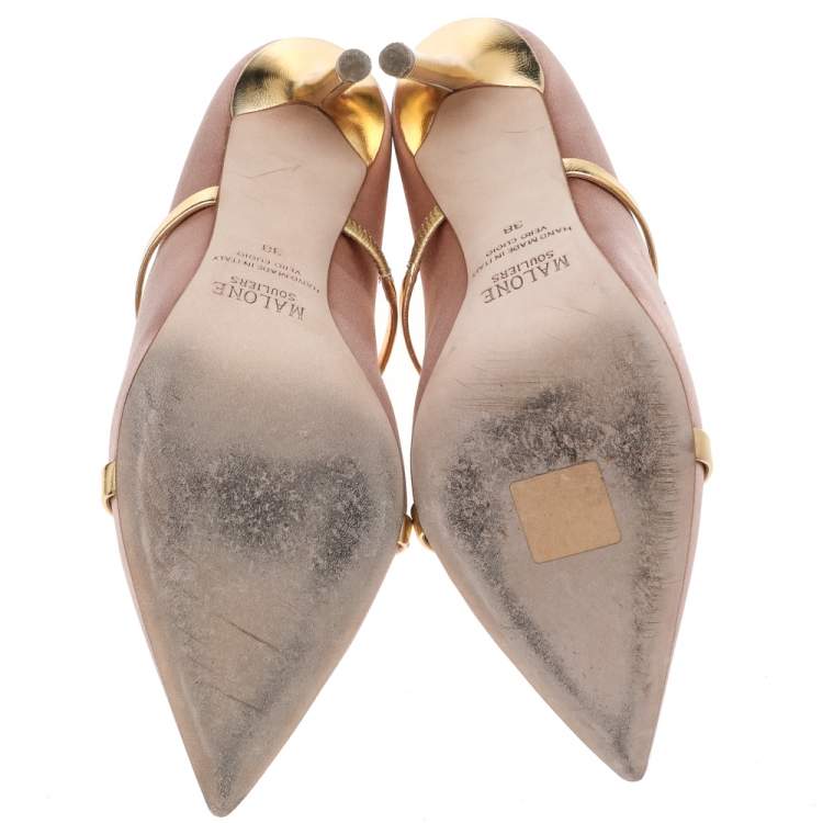 مملوكة مسبقًا Malone Souliers Pale Pink/Gold Satin and Leather Maureen Pointed Toe Pumps Size 38
