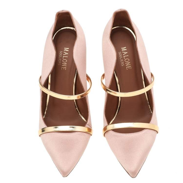 مملوكة مسبقًا Malone Souliers Pale Pink/Gold Satin and Leather Maureen Pointed Toe Pumps Size 38