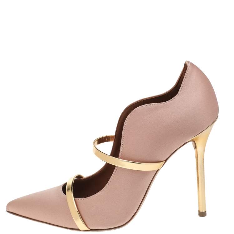مملوكة مسبقًا Malone Souliers Pale Pink/Gold Satin and Leather Maureen Pointed Toe Pumps Size 38