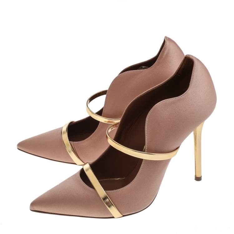 مملوكة مسبقًا Malone Souliers Pale Pink/Gold Satin and Leather Maureen Pointed Toe Pumps Size 38