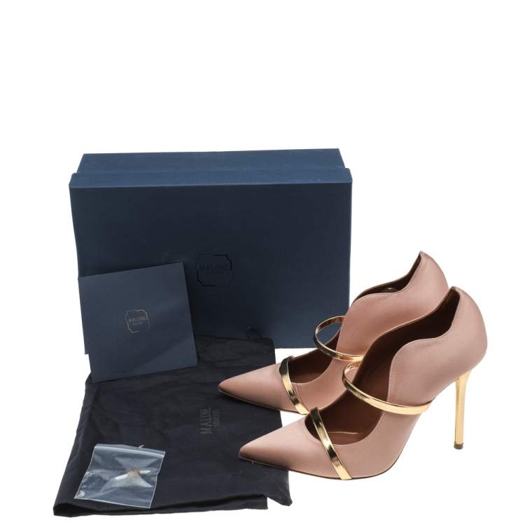 مملوكة مسبقًا Malone Souliers Pale Pink/Gold Satin and Leather Maureen Pointed Toe Pumps Size 38
