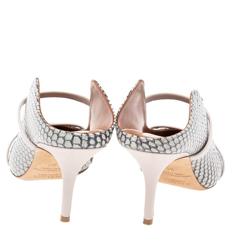 Pre Owned Malone Souliers Grey/Beige Snakeskin Leather Maureen Pointed Toe Mules Size 38