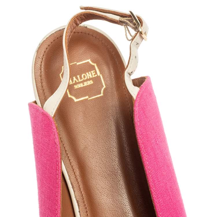 Pre Owned Malone Souliers Pink Canvas And Leather Slingback Flat Sandals Size 39