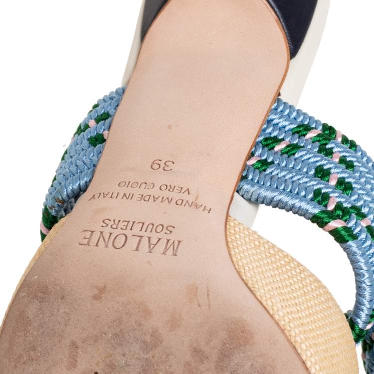 Pre Owned Malone Souliers Cream/Blue Raffia Maisie Pointed-Toe Mules Size 39
