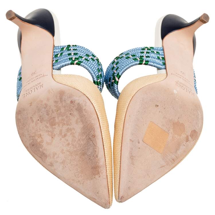 Pre Owned Malone Souliers Cream/Blue Raffia Maisie Pointed-Toe Mules Size 39