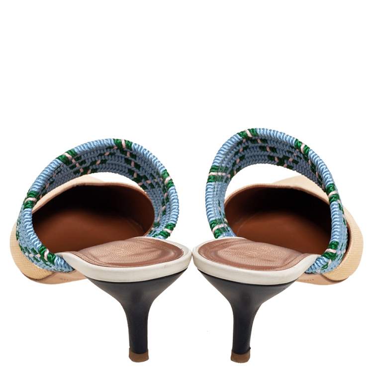 Pre Owned Malone Souliers Cream/Blue Raffia Maisie Pointed-Toe Mules Size 39