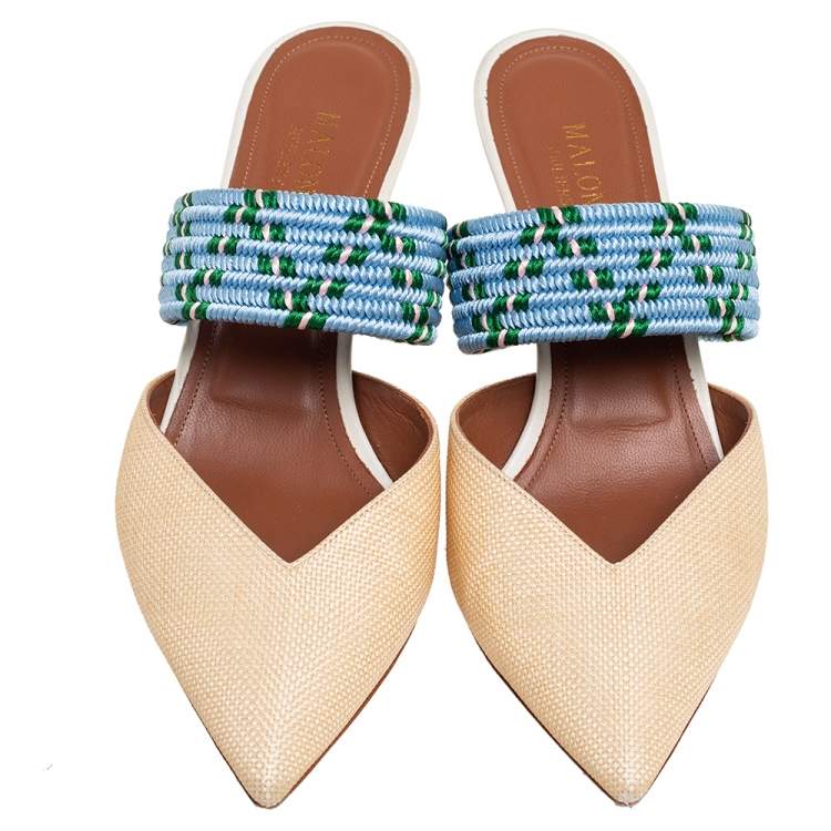 Pre Owned Malone Souliers Cream/Blue Raffia Maisie Pointed-Toe Mules Size 39