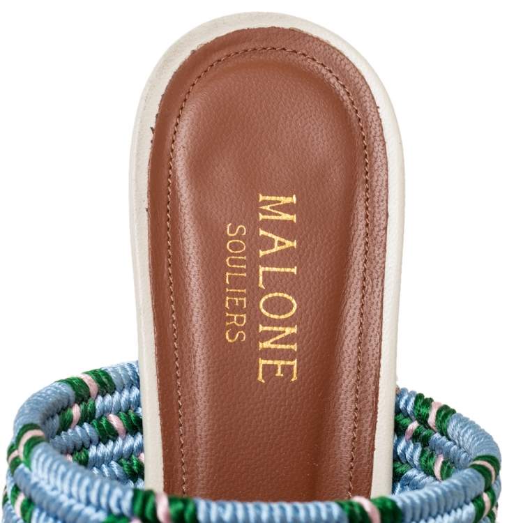 Pre Owned Malone Souliers Cream/Blue Raffia Maisie Pointed-Toe Mules Size 39