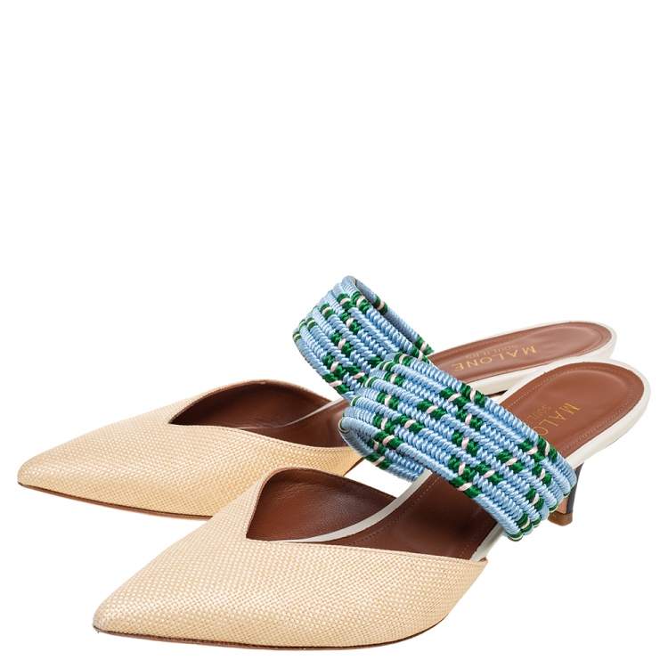 Pre Owned Malone Souliers Cream/Blue Raffia Maisie Pointed-Toe Mules Size 39