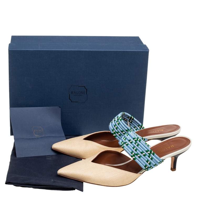 Pre Owned Malone Souliers Cream/Blue Raffia Maisie Pointed-Toe Mules Size 39