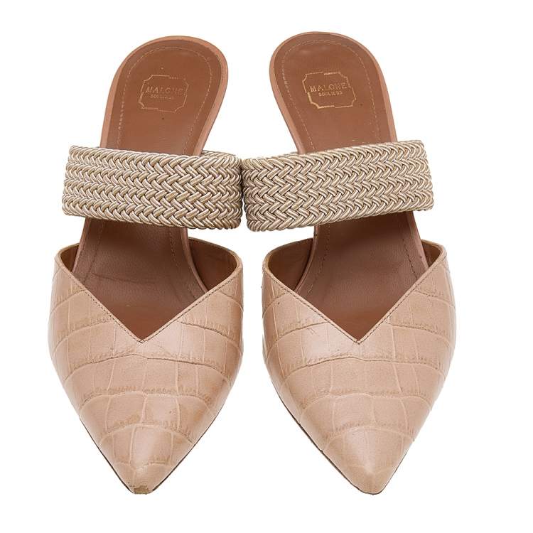 Pre Owned Malone Souliers Beige Croc Embossed Leather Maisie Mules Size 36.5