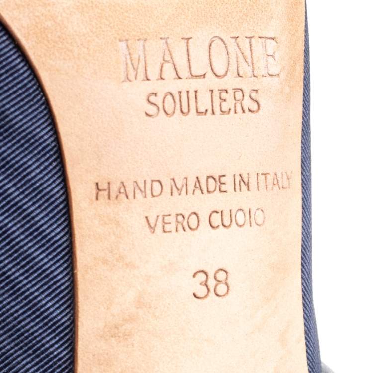 Pre Owned Malone Souliers Navy Blue/Silver Moire Fabric and Leather Maureen Pumps Size 38
