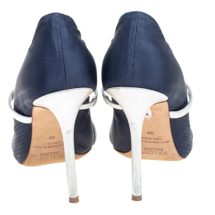 Pre Owned Malone Souliers Navy Blue/Silver Moire Fabric and Leather Maureen Pumps Size 38