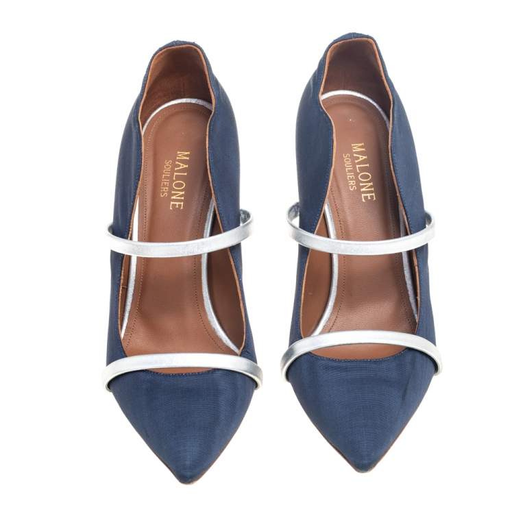 Pre Owned Malone Souliers Navy Blue/Silver Moire Fabric and Leather Maureen Pumps Size 38