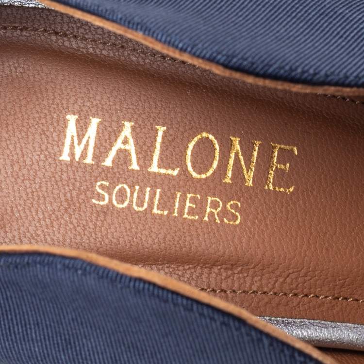 Pre Owned Malone Souliers Navy Blue/Silver Moire Fabric and Leather Maureen Pumps Size 38