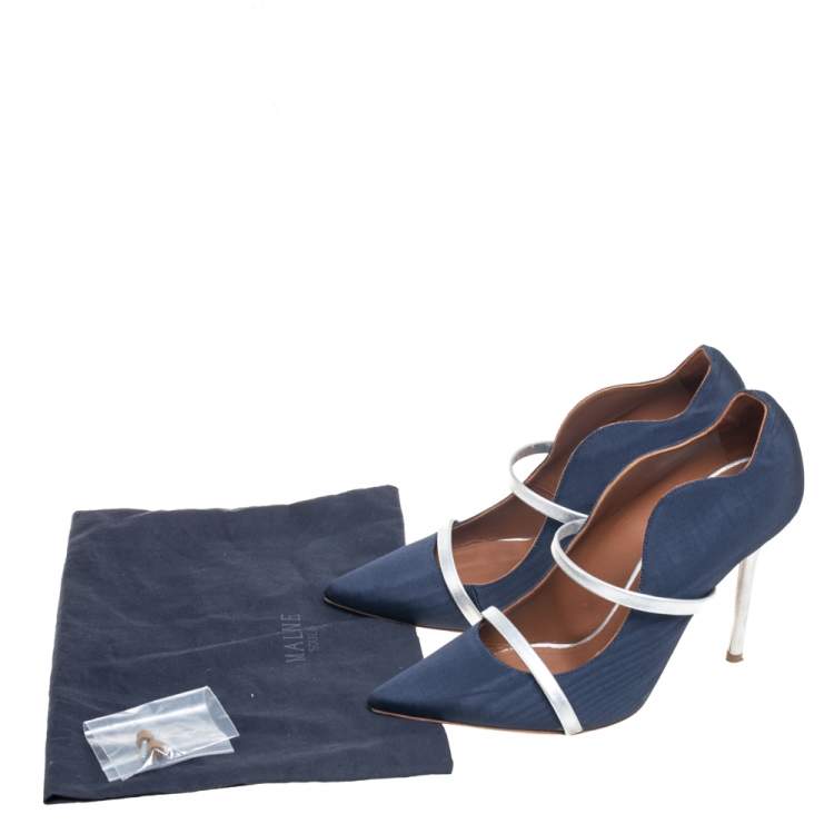 Pre Owned Malone Souliers Navy Blue/Silver Moire Fabric and Leather Maureen Pumps Size 38