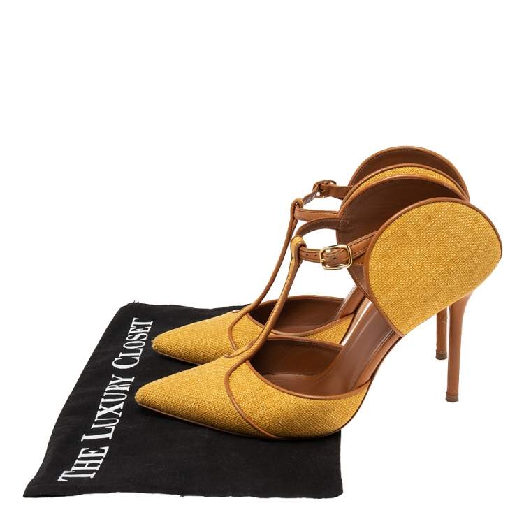 Pre Owned Malone Souliers Yellow/Brown Canvas and Leather Trim Imogen Pumps Size 39