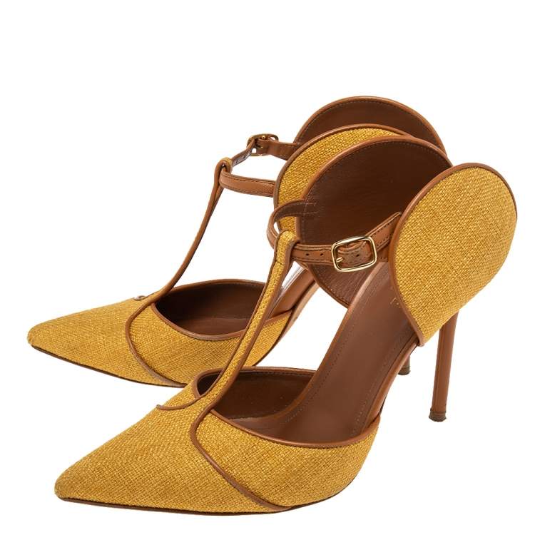 Pre Owned Malone Souliers Yellow/Brown Canvas and Leather Trim Imogen Pumps Size 39
