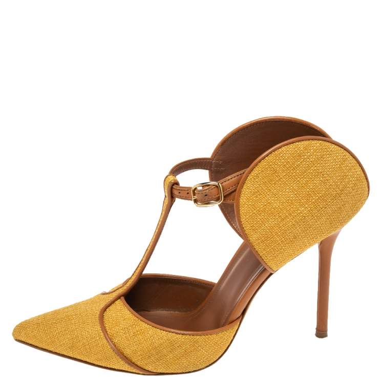 Pre Owned Malone Souliers Yellow/Brown Canvas and Leather Trim Imogen Pumps Size 39