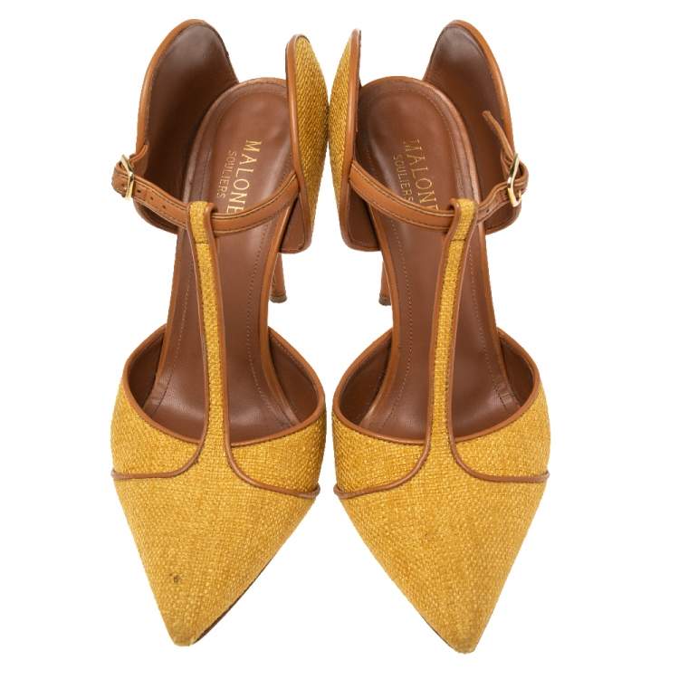 Pre Owned Malone Souliers Yellow/Brown Canvas and Leather Trim Imogen Pumps Size 39