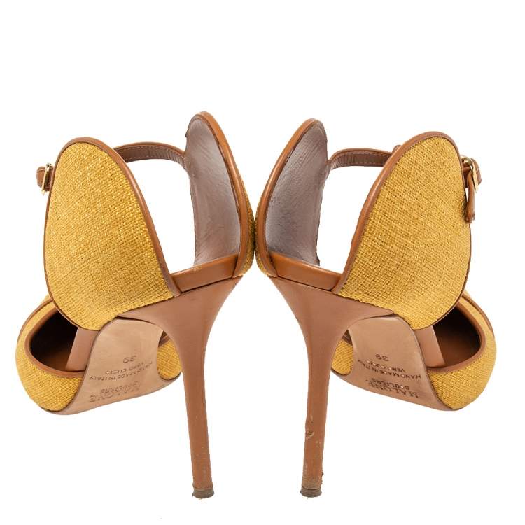 Pre Owned Malone Souliers Yellow/Brown Canvas and Leather Trim Imogen Pumps Size 39