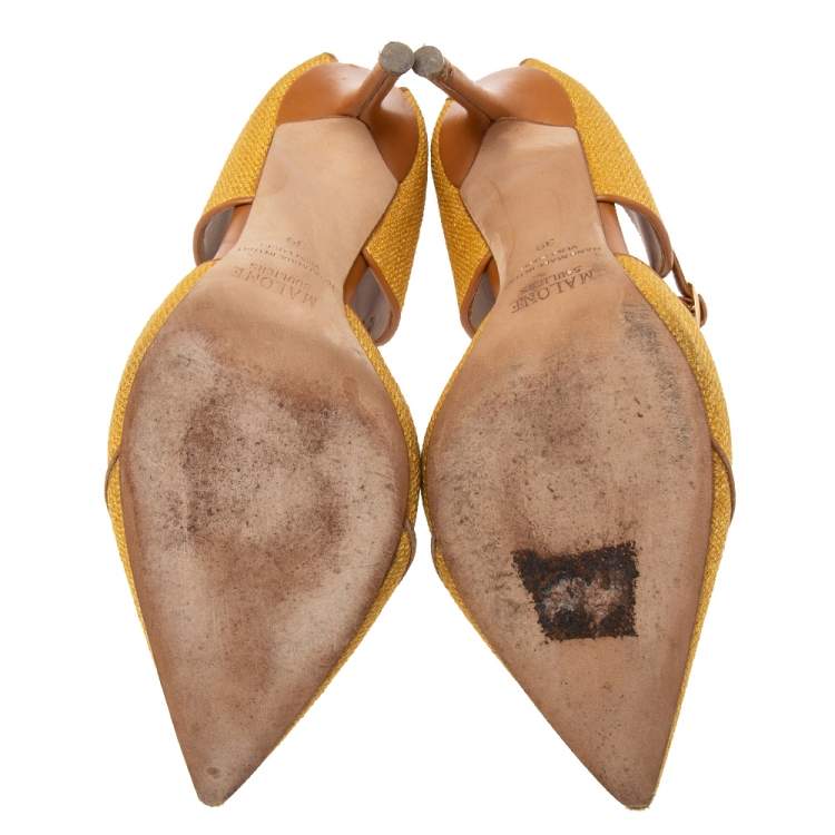 Pre Owned Malone Souliers Yellow/Brown Canvas and Leather Trim Imogen Pumps Size 39