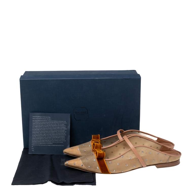 Pre Owned Malone Souliers Beige/Brown Mesh and Velvet Marguerite Bow Flat Mules Size 41
