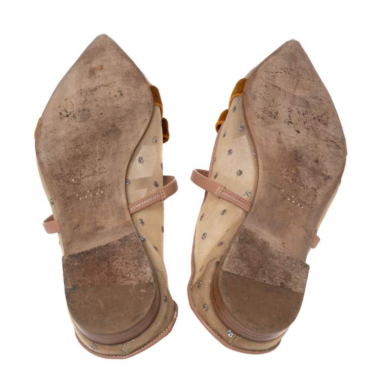 Pre Owned Malone Souliers Beige/Brown Mesh and Velvet Marguerite Bow Flat Mules Size 41