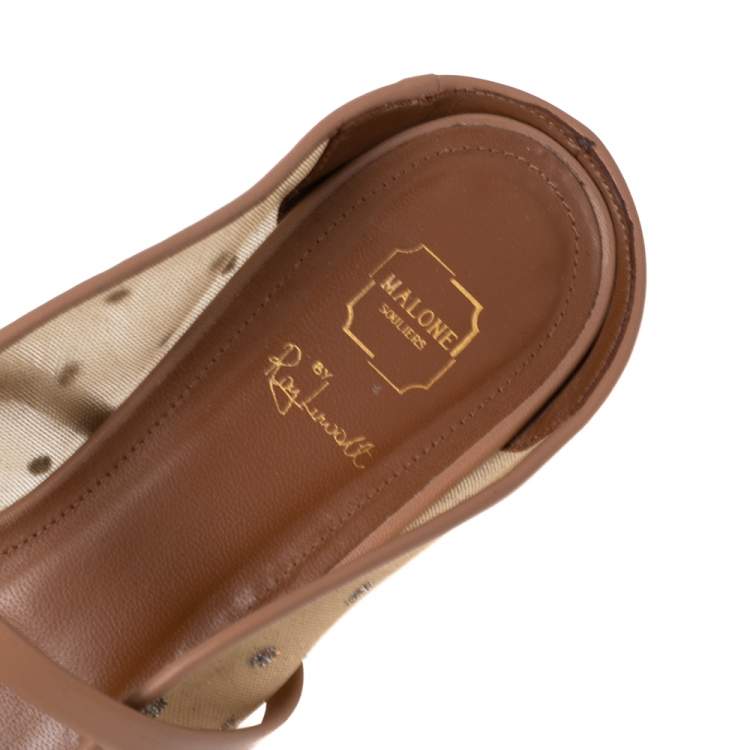 Pre Owned Malone Souliers Beige/Brown Mesh and Velvet Marguerite Bow Flat Mules Size 41