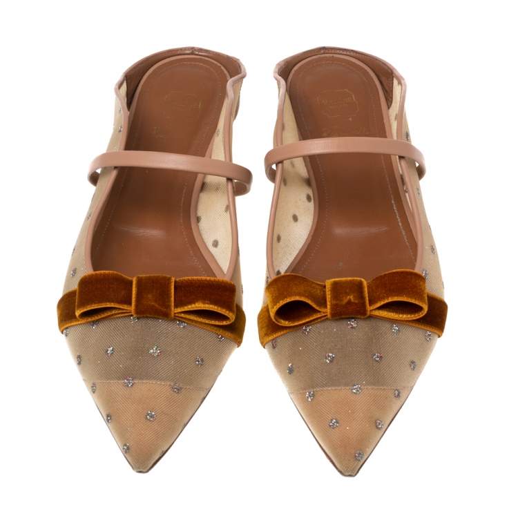 Pre Owned Malone Souliers Beige/Brown Mesh and Velvet Marguerite Bow Flat Mules Size 41