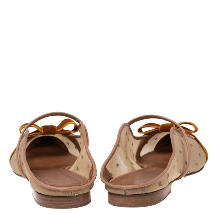 Pre Owned Malone Souliers Beige/Brown Mesh and Velvet Marguerite Bow Flat Mules Size 41