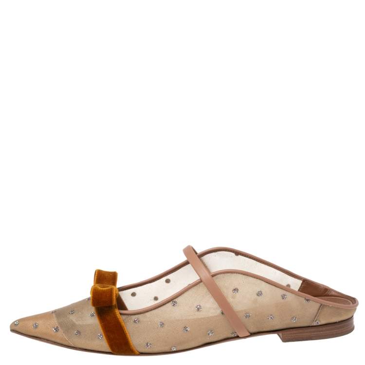 Pre Owned Malone Souliers Beige/Brown Mesh and Velvet Marguerite Bow Flat Mules Size 41