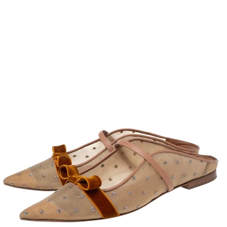 Pre Owned Malone Souliers Beige/Brown Mesh and Velvet Marguerite Bow Flat Mules Size 41