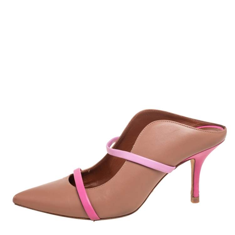 Pre Owned Malone Souliers Brown/Pink Leather Maureen Pointed-Toe Mules Size 38.5