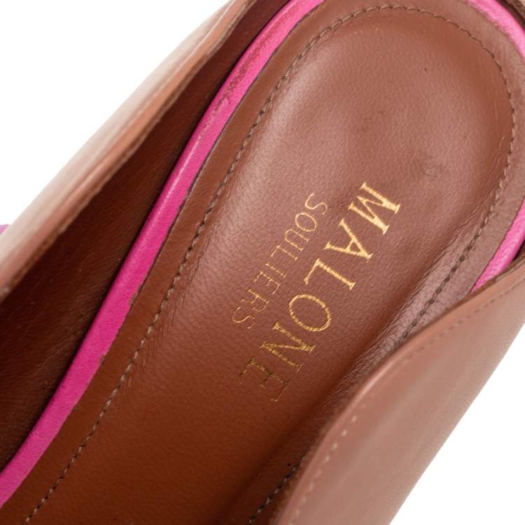 Pre Owned Malone Souliers Brown/Pink Leather Maureen Pointed-Toe Mules Size 38.5
