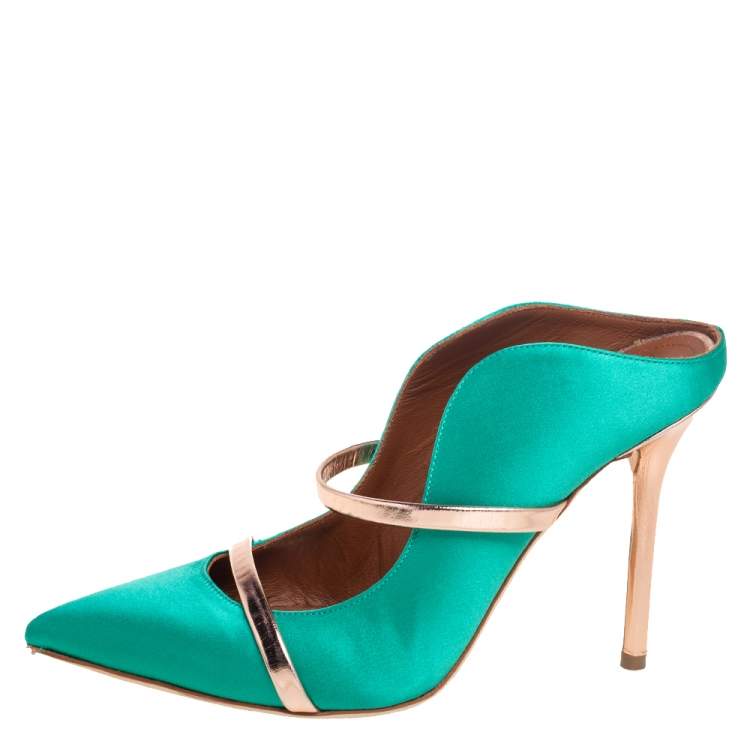 Pre Owned Malone Souliers  Green/Bronze  Satin And Leather Maureen Pumps Size 36.5