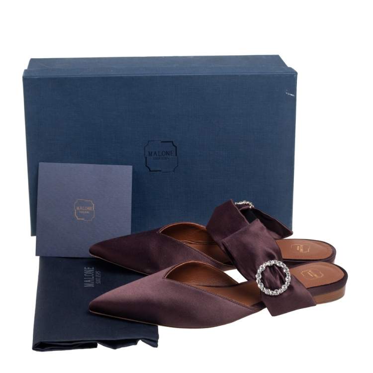 Pre Owned Malone Souliers Brown Satin Maite Crystal Buckle Flats Size 40