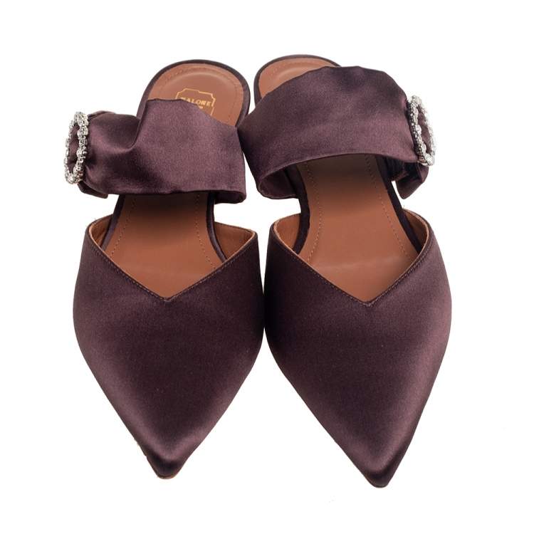 Pre Owned Malone Souliers Brown Satin Maite Crystal Buckle Flats Size 40