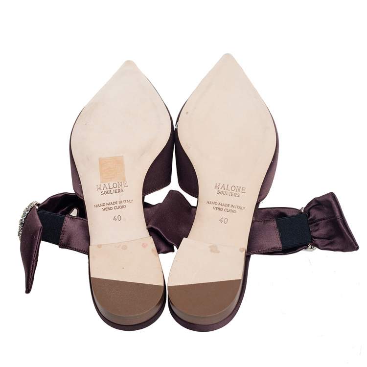 Pre Owned Malone Souliers Brown Satin Maite Crystal Buckle Flats Size 40