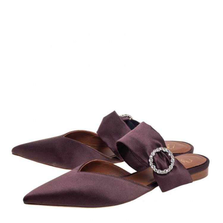 Pre Owned Malone Souliers Brown Satin Maite Crystal Buckle Flats Size 40