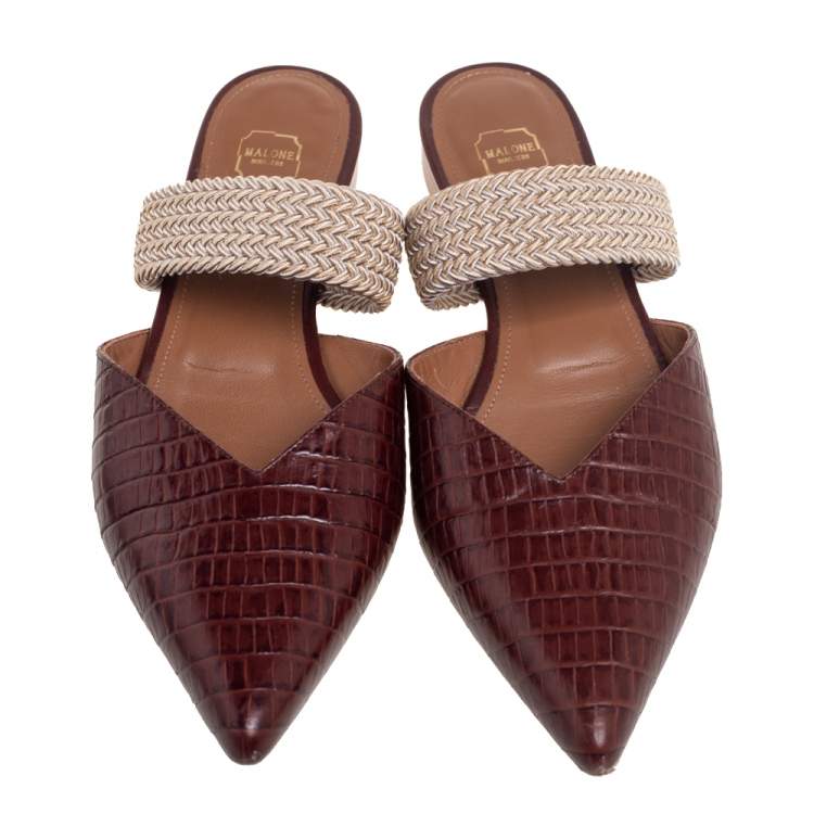 مملوكة مسبقًا Malone Souliers Brown Lizard Embossed Leather Maisie Pointed-Toe Flats Size 39.5