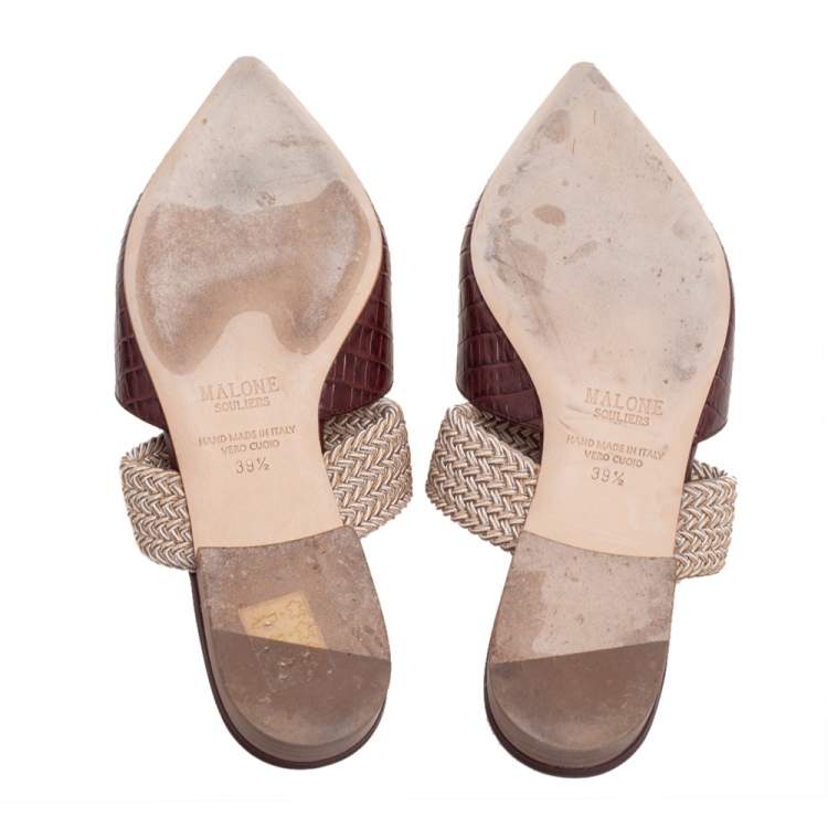 مملوكة مسبقًا Malone Souliers Brown Lizard Embossed Leather Maisie Pointed-Toe Flats Size 39.5