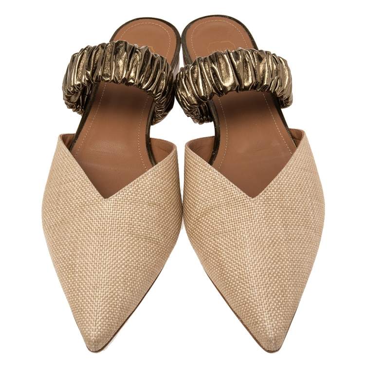 Pre Owned Malone Souliers Beige Raffia Maisie Pointed-Toe Flats Size 39.5