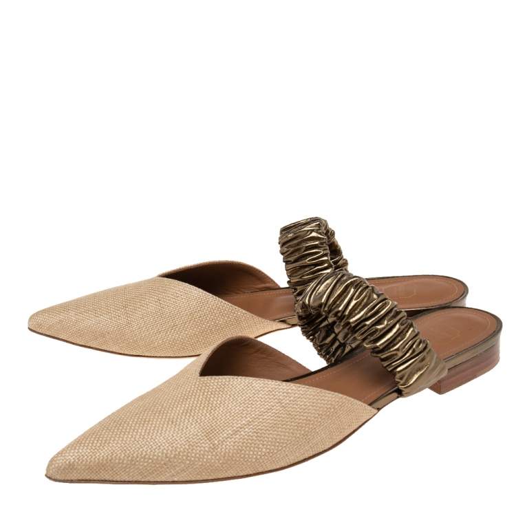 Pre Owned Malone Souliers Beige Raffia Maisie Pointed-Toe Flats Size 39.5